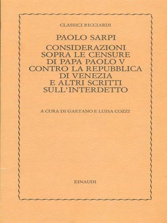   Considerazioni sopra le censure di Papa Paolo V - Paolo Sarpi - copertina