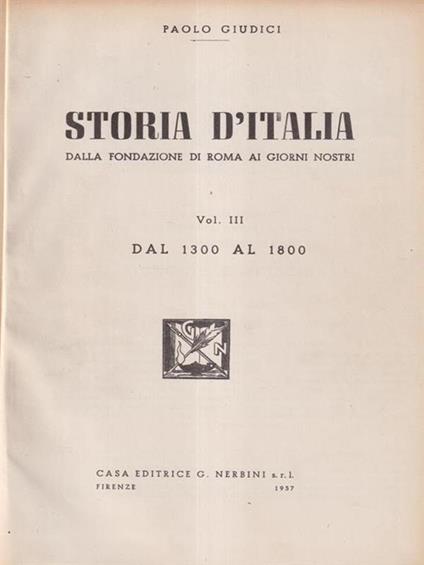 Storia d'Italia. Volume Terzo - Paolo Giudici - copertina