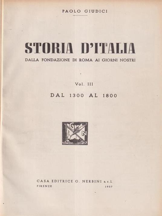 Storia d'Italia. Volume Terzo - Paolo Giudici - copertina