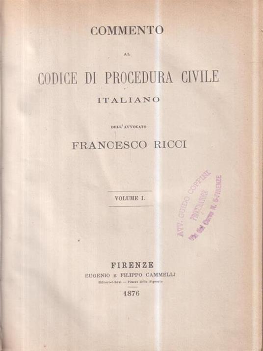 Commento al codice di procedura civile italiano vol I - Francesco Ricci - copertina