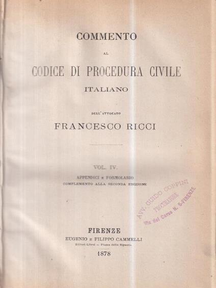 Commento al codice di procedura civile italiano vol IV - Francesco Ricci - copertina