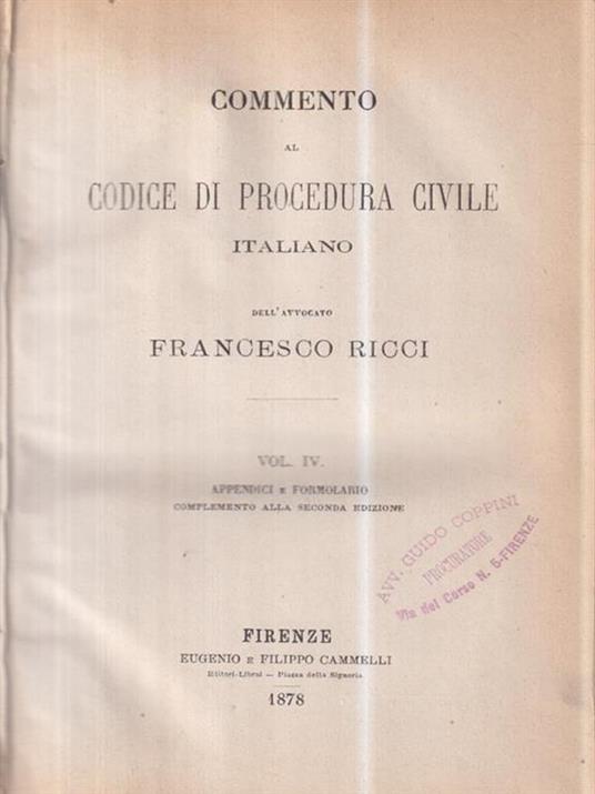 Commento al codice di procedura civile italiano vol IV - Francesco Ricci - copertina
