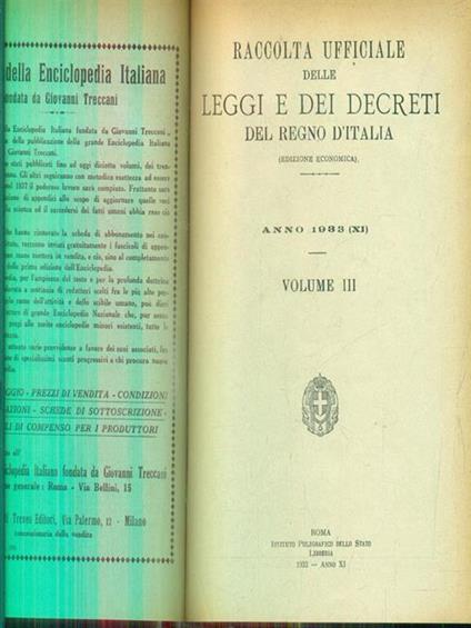 Raccolta delle leggi e decreti del regno d'Italia 1933. Vol III - copertina