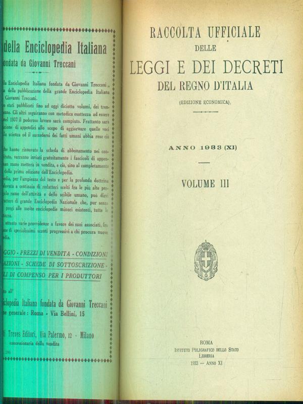 Raccolta delle leggi e decreti del regno d'Italia 1933. Vol III