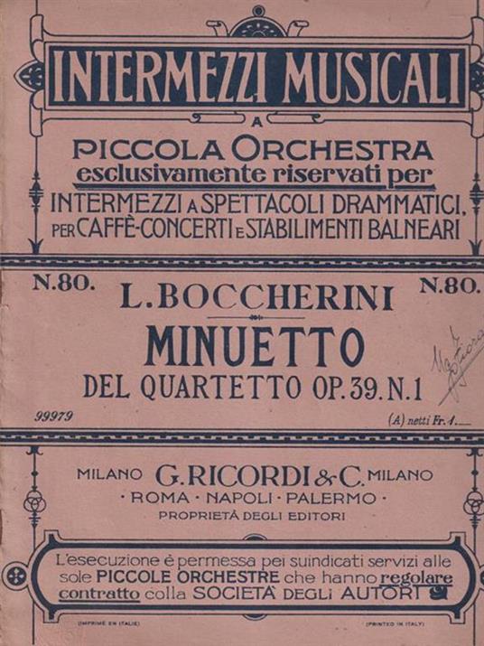 Intermezzi musicali a Piccola Orchestra. Minuetto del Quartetto op. 39 n.1 - Luigi Boccherini - copertina