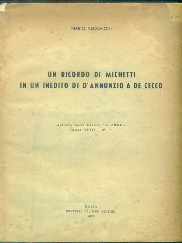 Un ricordo di Michetti in un inedito di D'Annunzio a De Cecco. estratto