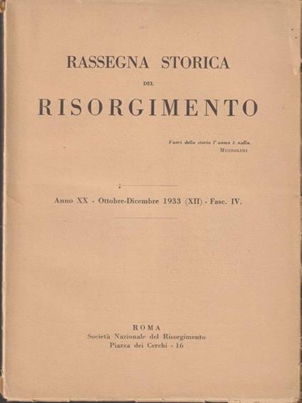   Rassegna storica del risorgimento anni XX - ottobre/dicembre 1933 - copertina