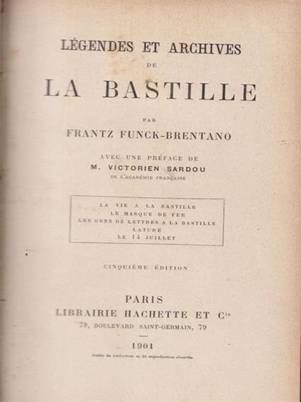   Legendes et archives de la Bastille - Frantz Funck-Brentano - copertina