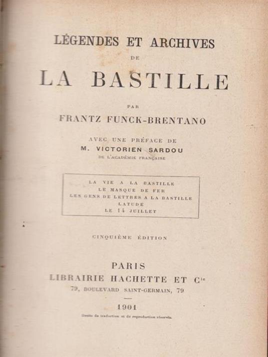   Legendes et archives de la Bastille - Frantz Funck-Brentano - copertina