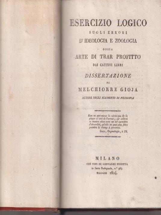 Esercizio logico sugli errori d'ideologia e zoologia, ossia arte di trar profitto dai cattivi libri - Melchiorre Gioja - copertina