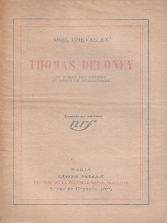   Thomas Deloney - Abel Chevalley - copertina
