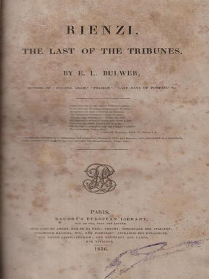 Rienzi the last of the tribunes - Edward Bulwer Lytton - copertina
