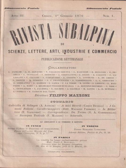 Rivista subalpina dal n. 1 al 26 escluso il n. 10 (gennaio - giugno 1876) - Filippo Mazzonis - copertina