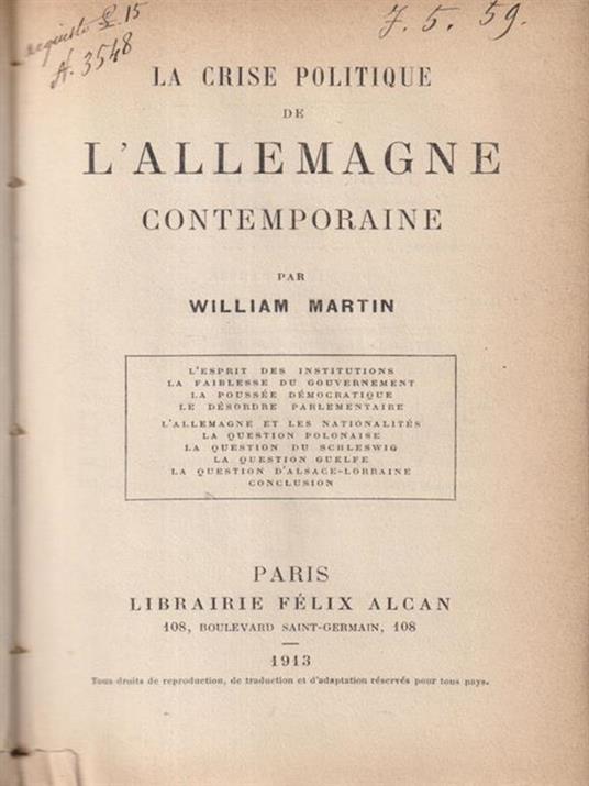 La crise politique de l'Allemagne contemporaine - William Martin - copertina