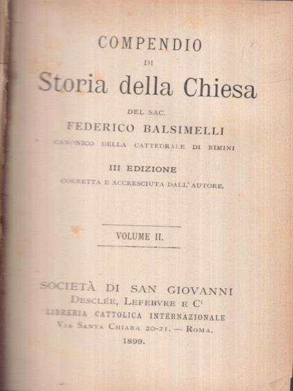 Compendio di Storia della Chiesa Vol. II - Federico Balsimelli - copertina