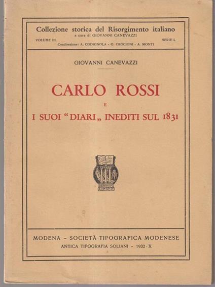 Carlo Rossi e i suoi ''diarì' inediti sul 1831 - Giovanni Canevazzi - copertina