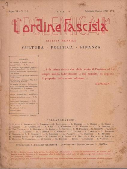 L' ordine fascista febbraio/marzo 1927 - Antonio Goglia - copertina