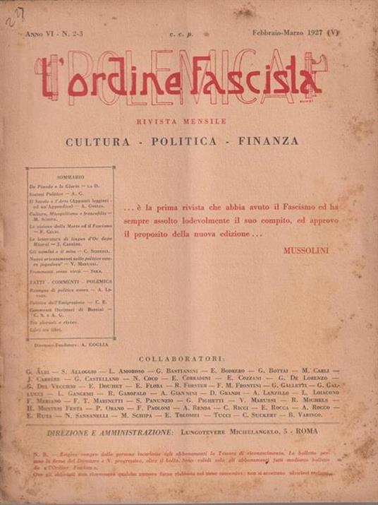 L' ordine fascista febbraio/marzo 1927 - Antonio Goglia - copertina