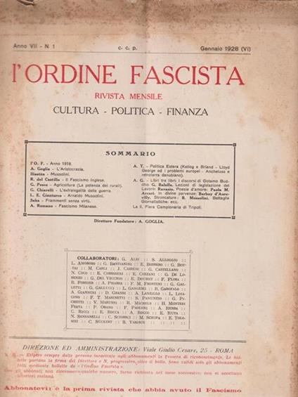 L' L'ordine fascista. Da gennaio a ottobre 1928/ 10 fascicoli - Antonio Goglia - copertina