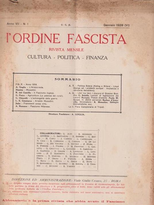 L' L'ordine fascista. Da gennaio a ottobre 1928/ 10 fascicoli - Antonio Goglia - copertina