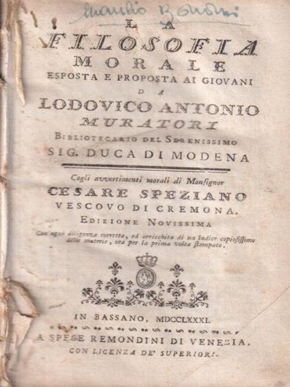 La filosofia morale esposta e proposta ai giovani - Lodovico Antonio Muratori - copertina