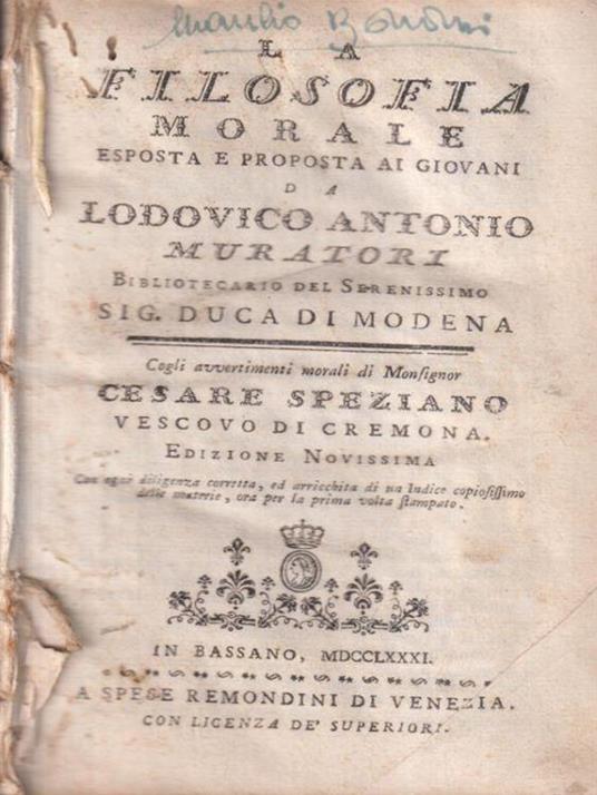 La filosofia morale esposta e proposta ai giovani - Lodovico Antonio Muratori - copertina