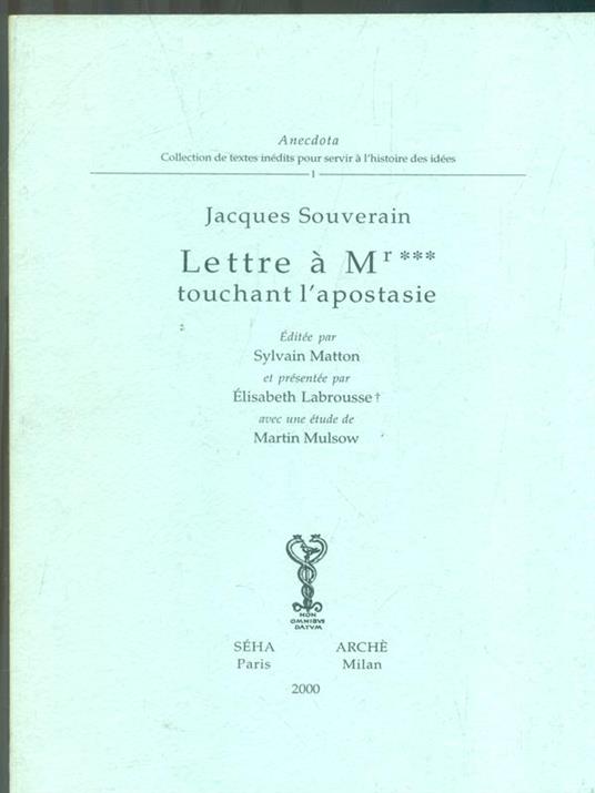 Lettre a mr *** touchant l'apostasie - Jacques Souverain - copertina