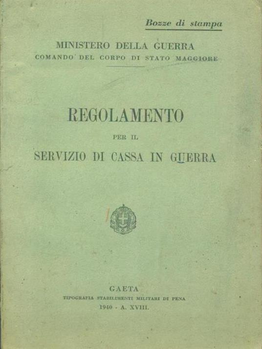 Regolamento per il servizio di cassa in Guerra - copertina