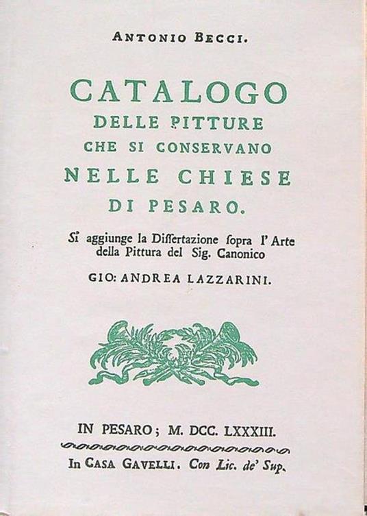Catalogo delle pitture che si conservano nelle chiese di Pesaro - Antonio Becchi - copertina