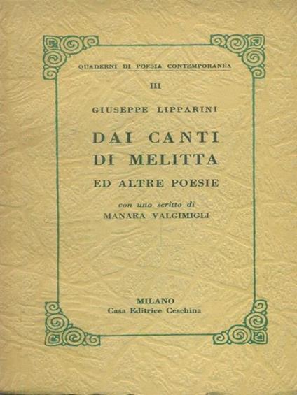 Dai canti di Melitta ed altre poesie - Giuseppe Lipparini - copertina
