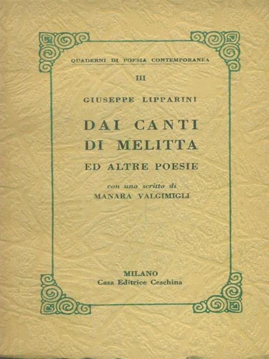 Dai canti di Melitta ed altre poesie - Giuseppe Lipparini - copertina