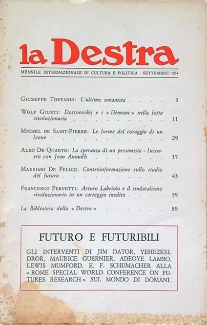 La Destra n. 9 del 1974 - copertina