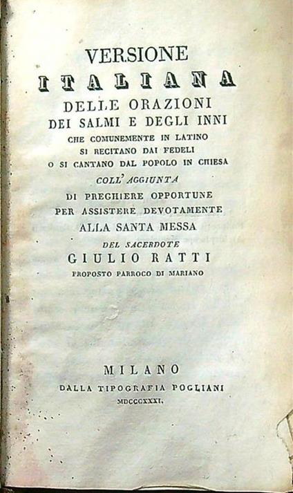 Versione italiana delle orazioni, dei salmi e degli inni - Giulio Ratti - copertina