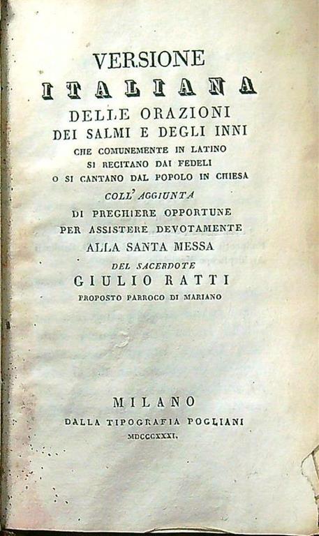 Versione italiana delle orazioni, dei salmi e degli inni - Giulio Ratti - copertina