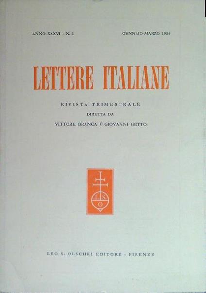 Lettere Italiane - Anno XXXVI - N. 1 - Gennaio Marzo 1984 - copertina