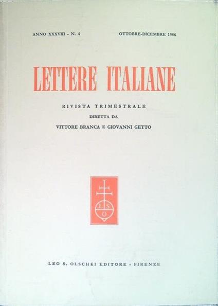 Lettere italiane - Anno XXXVIII - N. 4 - Ottobre Dicembre 1986 - copertina