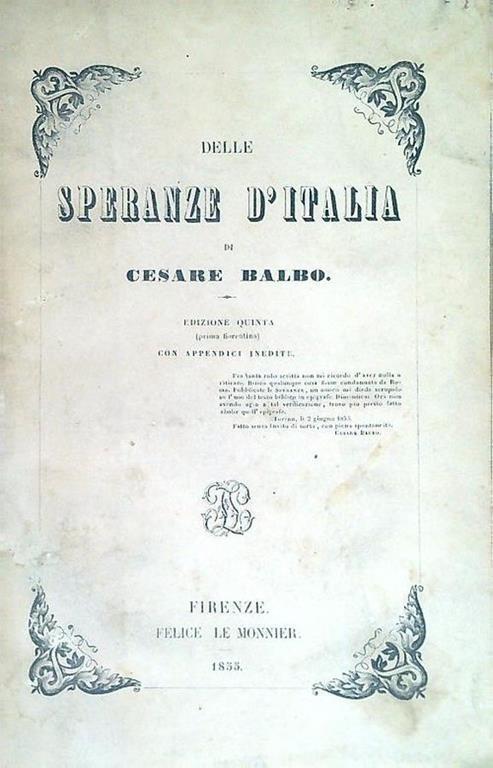 Delle speranze d'Italia - Cesare Balbo - copertina