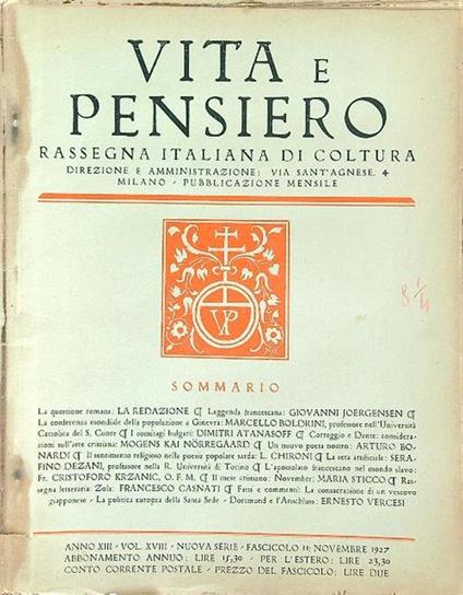 Vita e pensiero: rassegna italiana di coltura. Nuova serie - Volume XVIII n. 11 - copertina