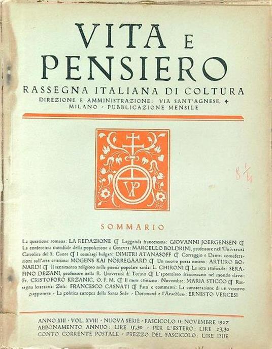 Vita e pensiero: rassegna italiana di coltura. Nuova serie - Volume XVIII n. 11 - copertina