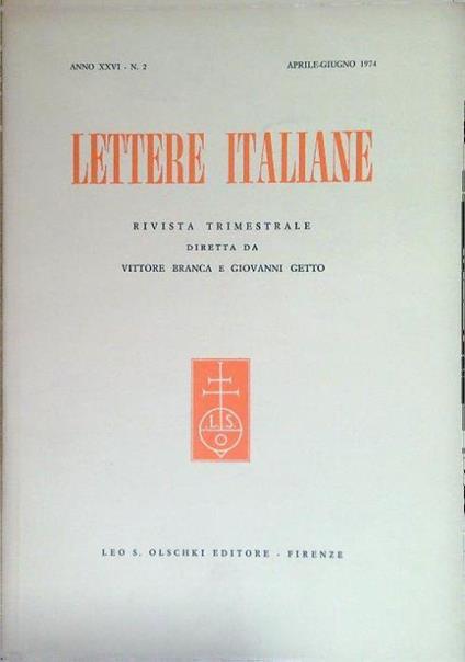 Lettere italiane - Anno XXVI - N. 2 - Aprile Giugno 1974 - copertina