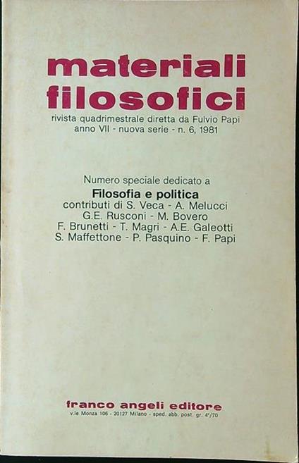 Materiali filosofici n. 6/1981 - Fulvio Papi - copertina