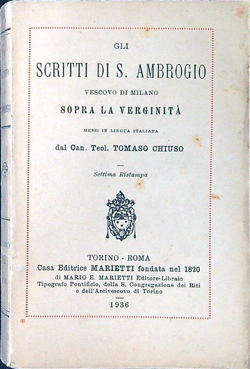 scritti di S. Ambrogio sopra la verginità - Tomaso Chiuso - copertina