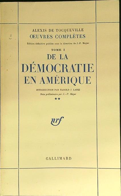 De la democratie en Amerique tome I -  2vv - Alexis de Tocqueville - copertina