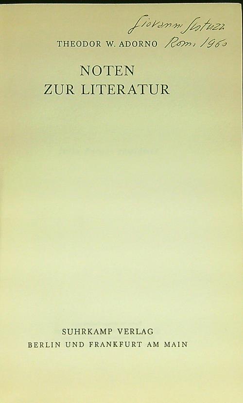 Noten zur literatur - Theodor W. Adorno - copertina
