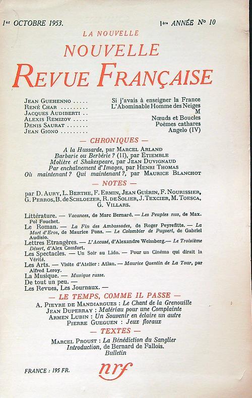 La Nouvelle Revue Francaise 10/octobre 1953