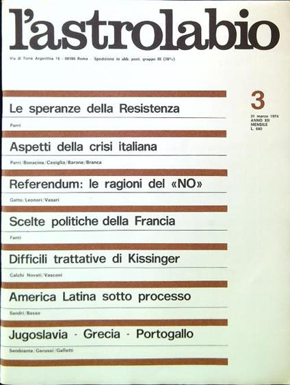 L' astrolabio N. 3/31 Marzo 1974 - copertina