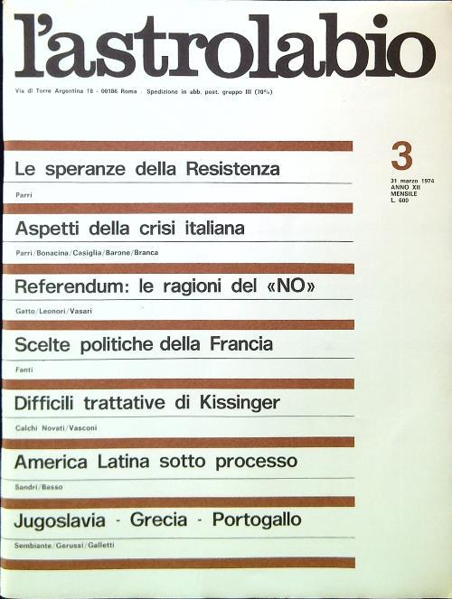 L' astrolabio N. 3/31 Marzo 1974 - copertina
