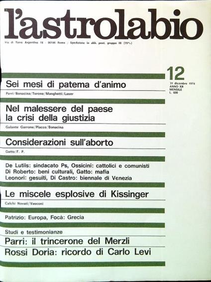 L' astrolabio N. 12/31 Dicembre 1974 - copertina