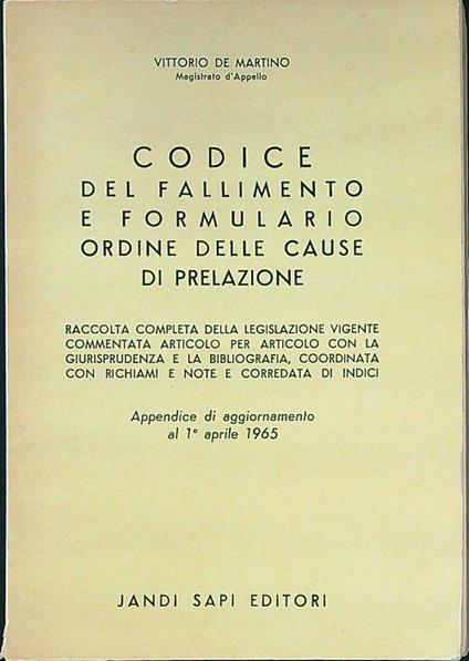 Codice del fallimento e formulario ordine delle cause di prelazione - Vittorio De Martino - copertina