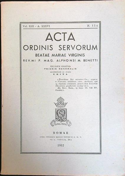 Acta ordinis servorum Beatae Mariae Virginis vol. 13 n. 114 1952 - copertina